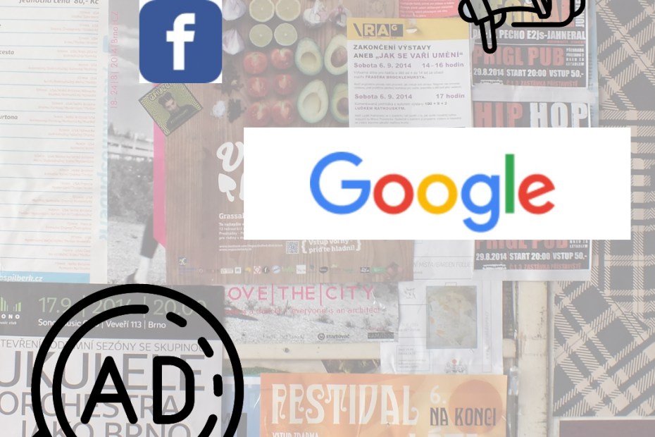 Advertising material in background. Logos of google and facebook.