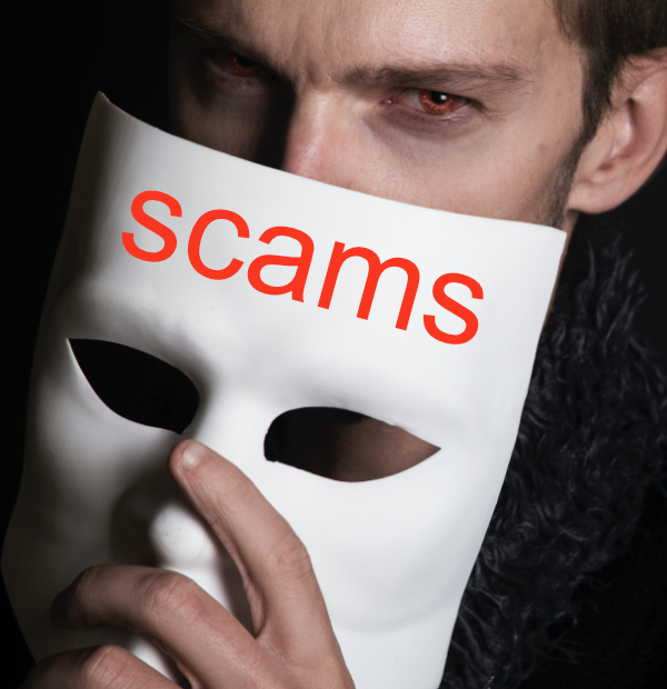 man with mask pic Sander Sammy. Rawmarrow blog post on scams.