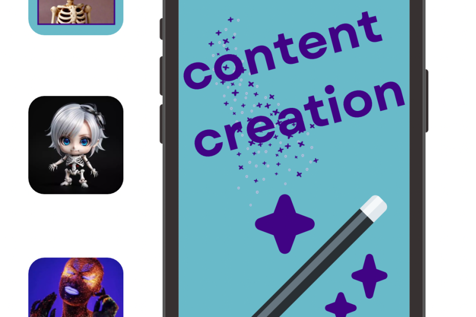 phone with a wand and content creation written on it with 3 pictures down the left side.