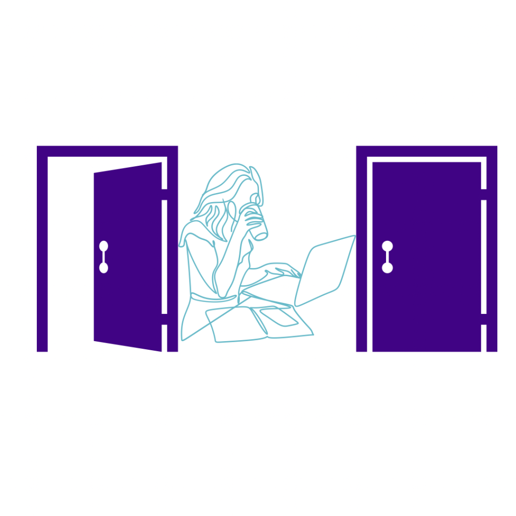 Small business decisions. Open and closed door inbetween them is an outline of a woman on laptop. 