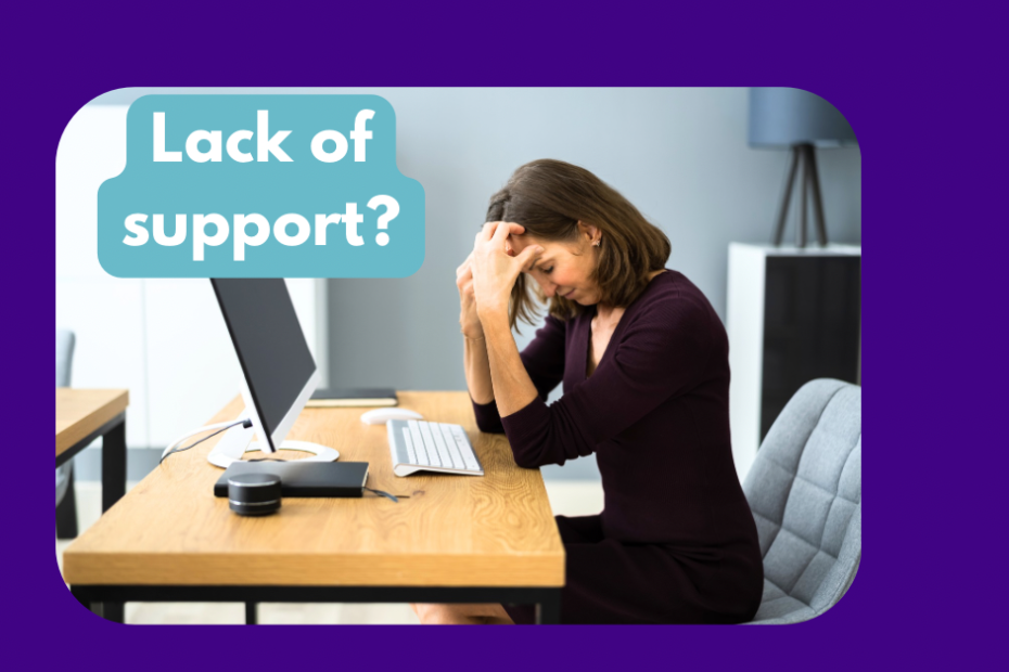 lack of support- woman at computer head in hands