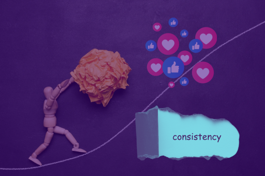 Consistency - wooden art model pushing a ball uphill toward social media icons