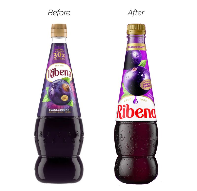 Before and after pic of Ribena rebrand bottles